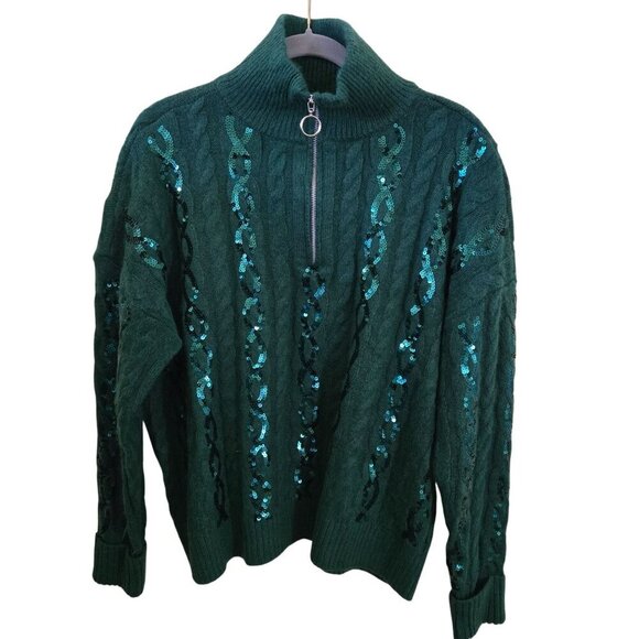 Crown & Ivy NWT Green Sequined CableKnit 1/4 Zip Sweater Size XL - Picture 2 of 7
